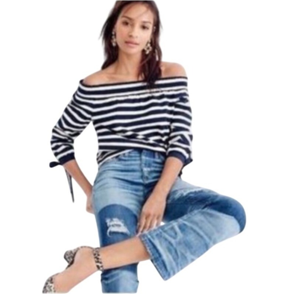 J. Crew Womens XL Navy White Striped Off-Shoulder Tie-Sleeve Top G2549